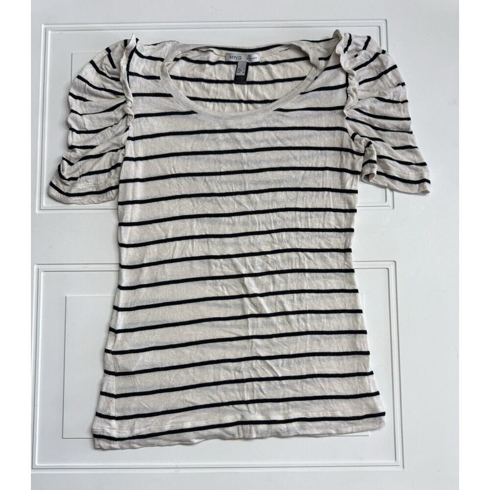 MNG by Mango Ruched Size L Ivory Stripe Scoop Neck Top 1/2 Sleeve Top